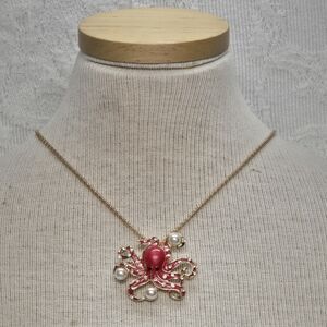 Betsey Johnson Pink Rhinestone Pearl Octopus Pendant Brooch Gold Necklace New